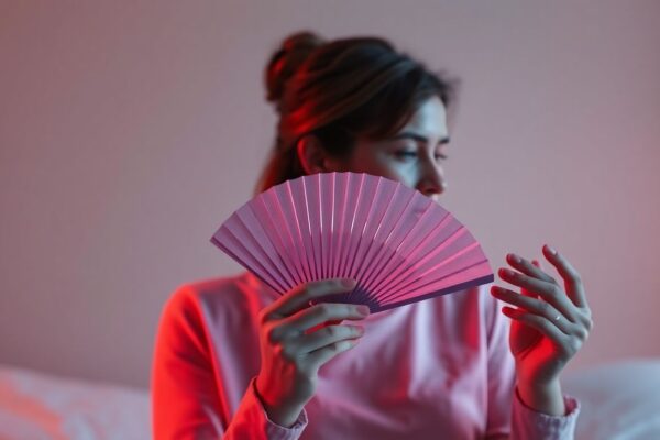 Woman experiencing hot flashes and night sweats during menopause.