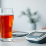 Glass of wine beside a digital blood pressure monitor on a clean table.
