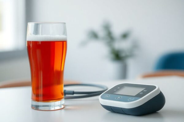 Glass of wine beside a digital blood pressure monitor on a clean table.