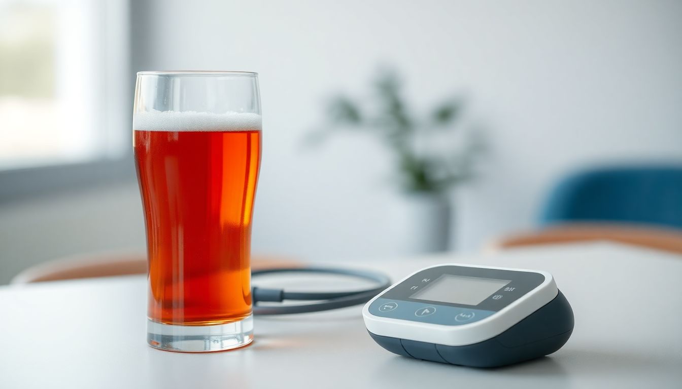 Glass of wine beside a digital blood pressure monitor on a clean table.