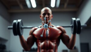 3D illustration of muscle fibers showing how creatine supports ATP energy during weightlifting.