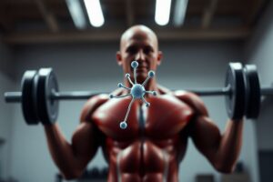 3D illustration of muscle fibers showing how creatine supports ATP energy during weightlifting.