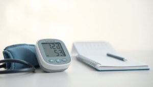 Digital blood pressure monitor and calendar planner on a table, representing regular health tracking.