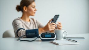 Person using a digital blood pressure monitor at home with a notebook nearby.