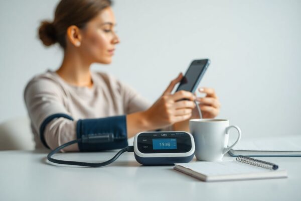 Person using a digital blood pressure monitor at home with a notebook nearby.