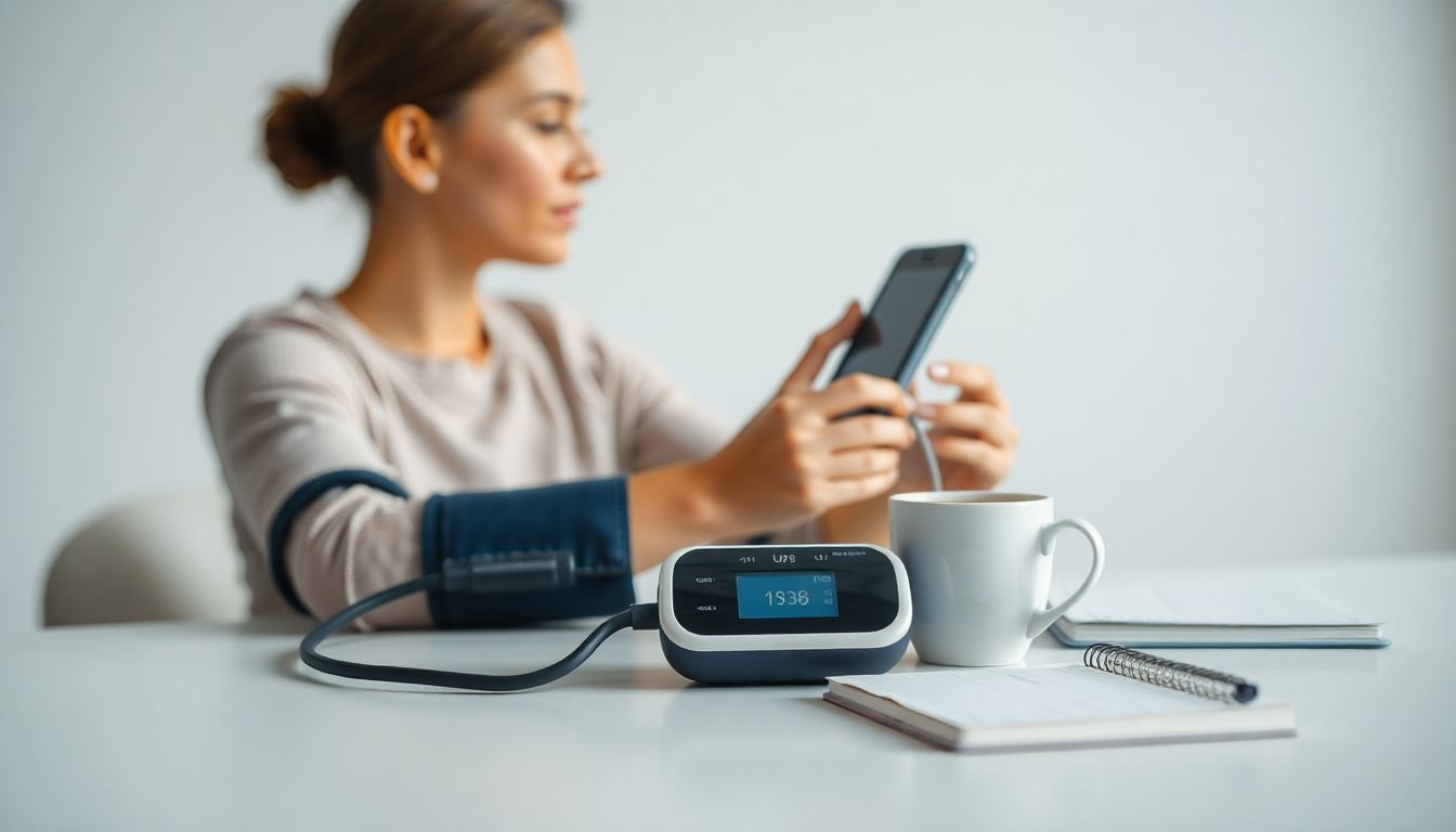 Person using a digital blood pressure monitor at home with a notebook nearby.