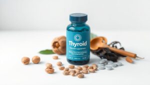 Thyroid supplement surrounded by natural minerals and herbs for healthy hormone balance.