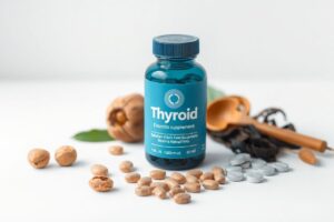 Thyroid supplement surrounded by natural minerals and herbs for healthy hormone balance.