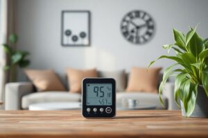 A hygrometer showing the ideal 45% humidity level for healthy lungs.