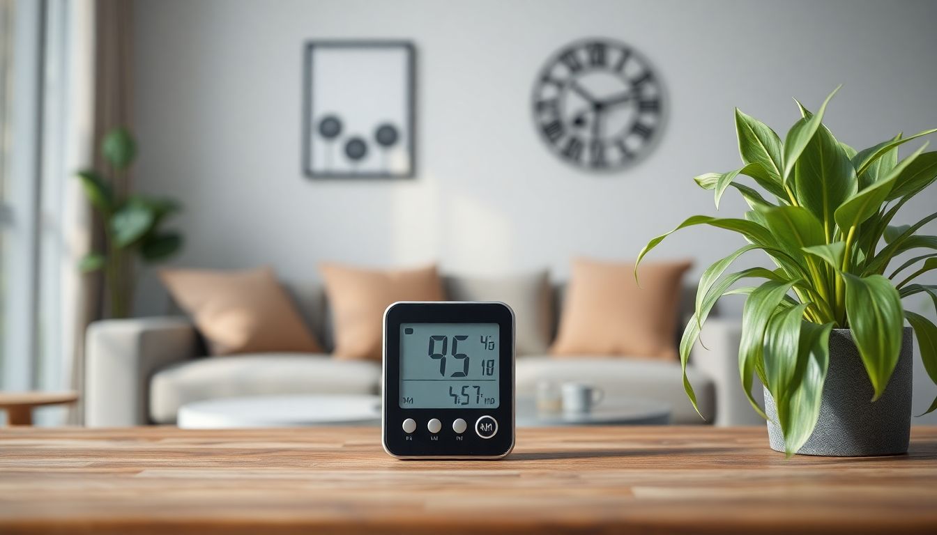 A hygrometer showing the ideal 45% humidity level for healthy lungs.