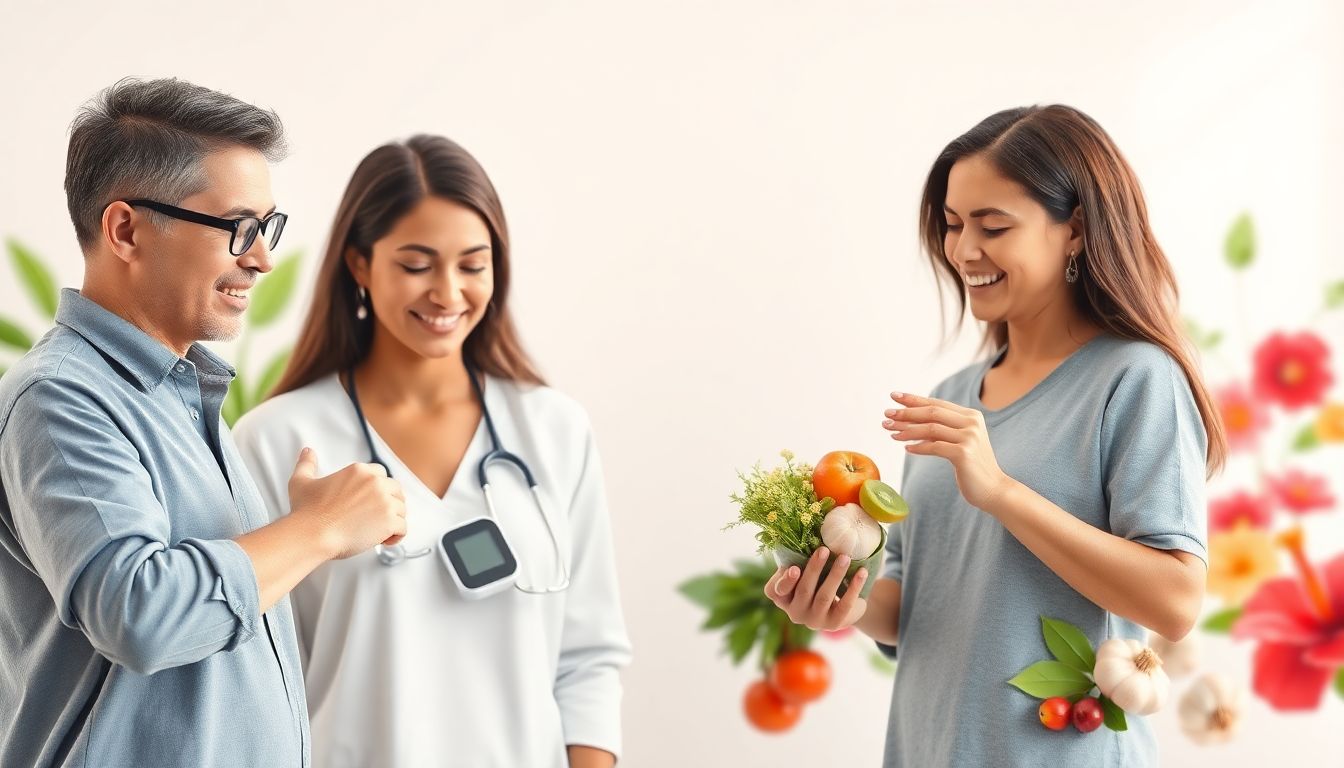 Natural blood pressure management guide showing healthy lifestyle choices including fresh foods, exercise, and monitoring for cardiovascular health