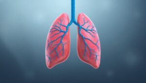 Medical diagram showing lymphatic vessels surrounding human lungs and respiratory system