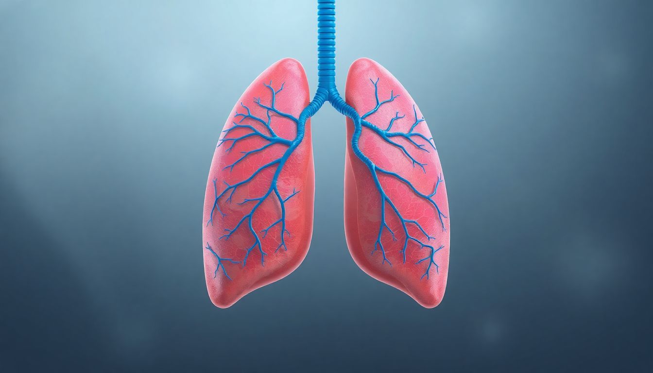 Medical diagram showing lymphatic vessels surrounding human lungs and respiratory system