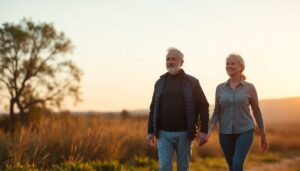 A healthy middle-aged couple walking outdoors at sunrise, symbolizing heart-healthy living and blood pressure control after 50.