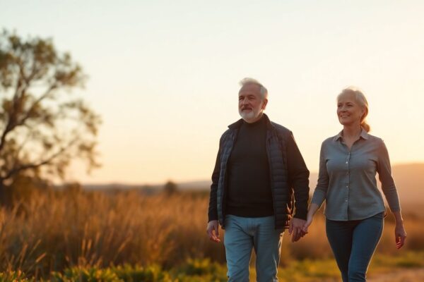 A healthy middle-aged couple walking outdoors at sunrise, symbolizing heart-healthy living and blood pressure control after 50.