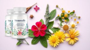 Menovelle natural menopause supplement ingredients displayed neatly.