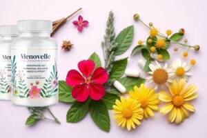 Menovelle natural menopause supplement ingredients displayed neatly.