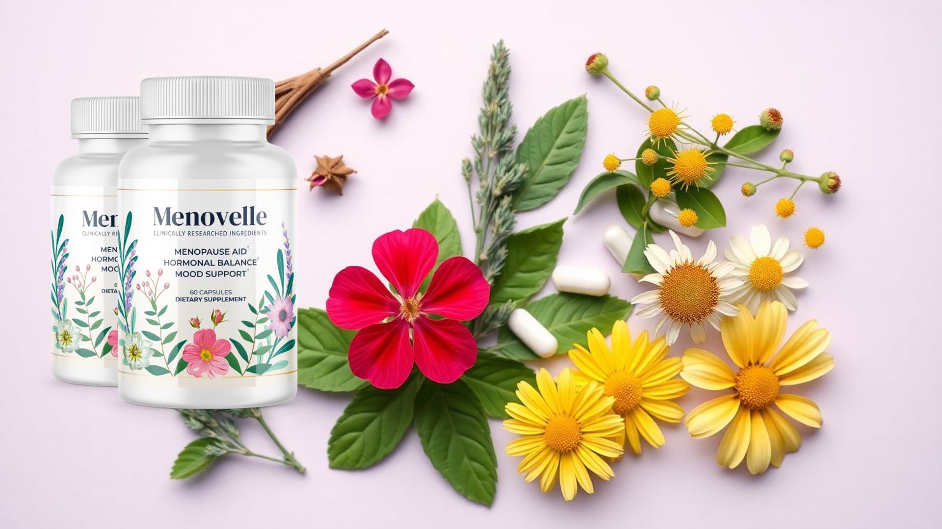 Menovelle natural menopause supplement ingredients displayed neatly.