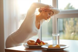 Woman stretching by window with morning sunlight and healthy breakfast supporting thyroid health.
