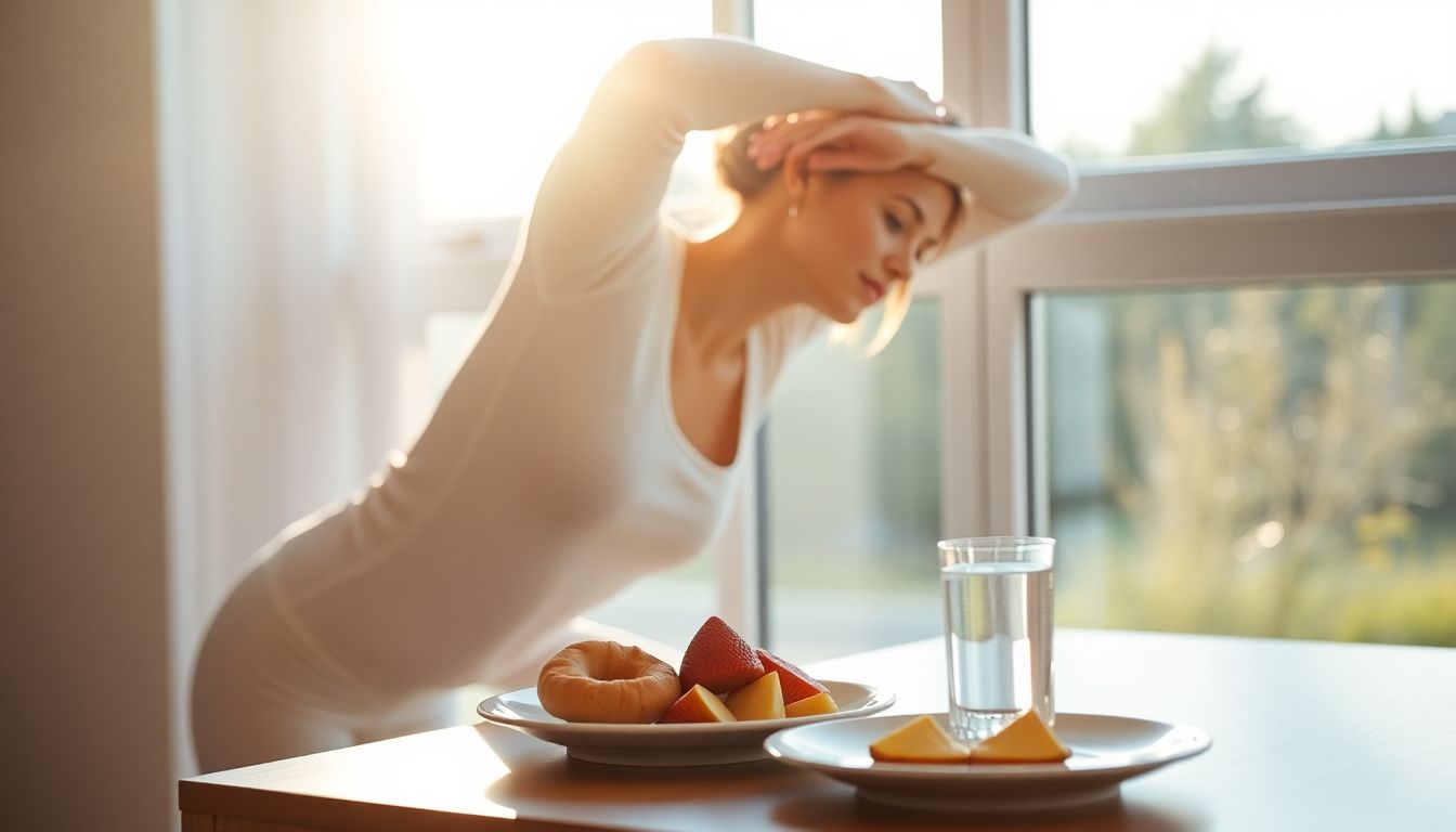 Woman stretching by window with morning sunlight and healthy breakfast supporting thyroid health.