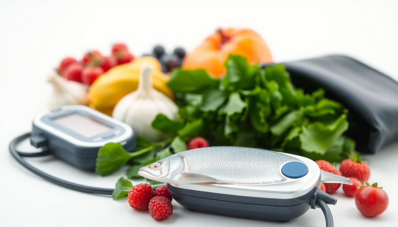 Healthy foods like leafy greens, berries, and garlic arranged beside a glucose monitor and blood pressure cuff, symbolizing natural ways to manage both conditions.