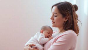 Illustration of a new mother with thyroid highlight representing postpartum thyroid changes.