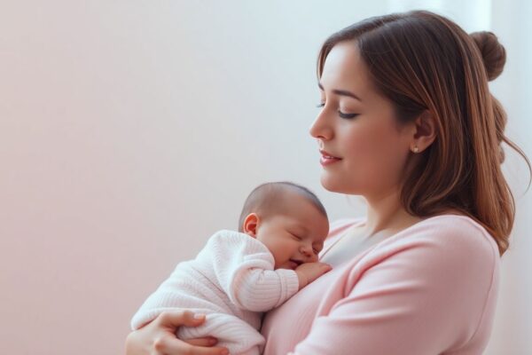 Illustration of a new mother with thyroid highlight representing postpartum thyroid changes.