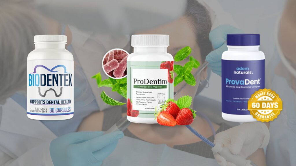 Comparison image showing ProDentim, ProvaDent, and BioDentex dental health supplements.