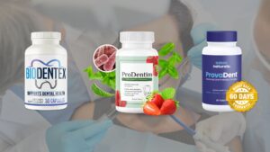 Comparison image showing ProDentim, ProvaDent, and BioDentex dental health supplements.