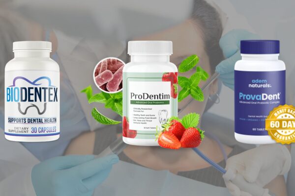 Comparison image showing ProDentim, ProvaDent, and BioDentex dental health supplements.