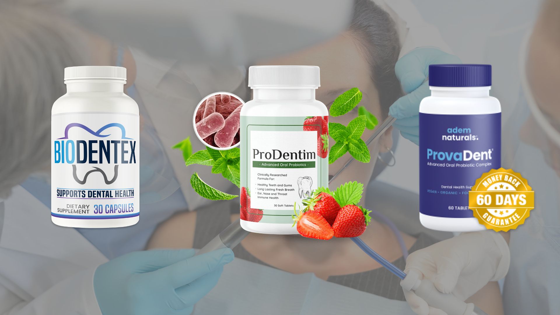 Comparison image showing ProDentim, ProvaDent, and BioDentex dental health supplements.