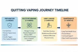Visual timeline showing the process of quitting vaping from preparation through long-term maintenance with key strategies