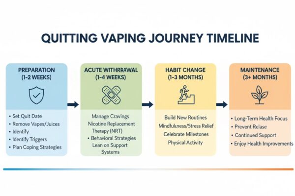 Visual timeline showing the process of quitting vaping from preparation through long-term maintenance with key strategies