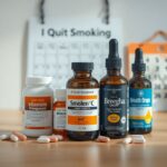 Collection of supplements for lung recovery after smoking including NAC, vitamin C, and Breathe Drops bottle