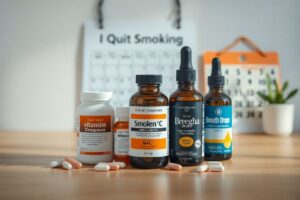 Collection of supplements for lung recovery after smoking including NAC, vitamin C, and Breathe Drops bottle
