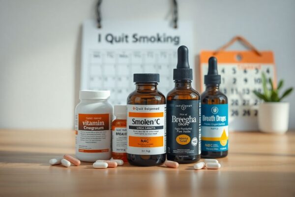 Collection of supplements for lung recovery after smoking including NAC, vitamin C, and Breathe Drops bottle