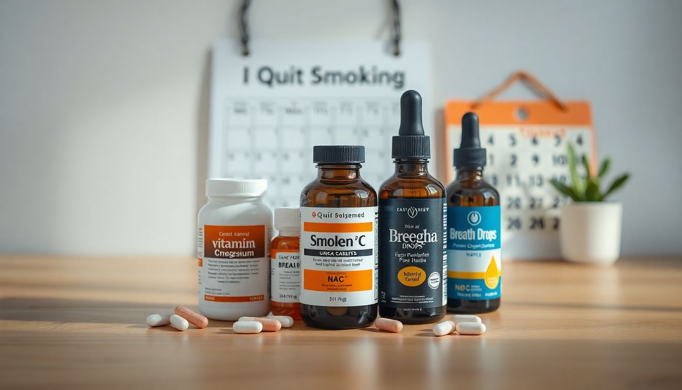 Collection of supplements for lung recovery after smoking including NAC, vitamin C, and Breathe Drops bottle