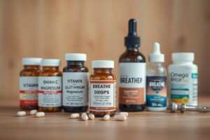 Collection of supplements specifically recommended for vapers lung health including NAC, vitamin C, and Breathe Drops