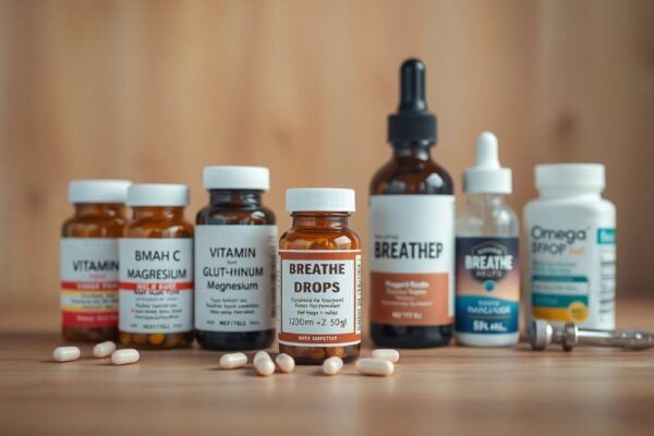 Collection of supplements specifically recommended for vapers lung health including NAC, vitamin C, and Breathe Drops