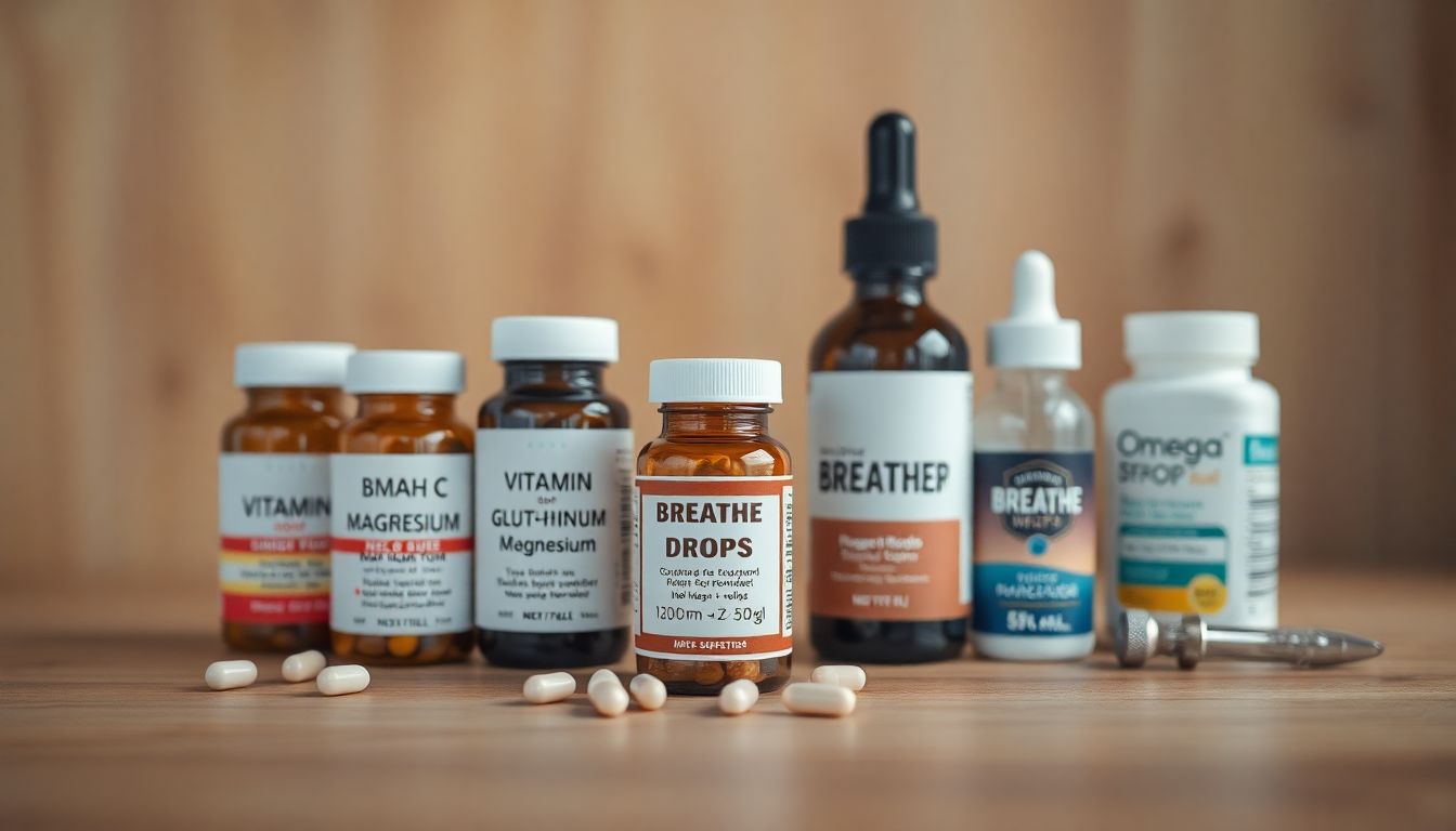 Collection of supplements specifically recommended for vapers lung health including NAC, vitamin C, and Breathe Drops