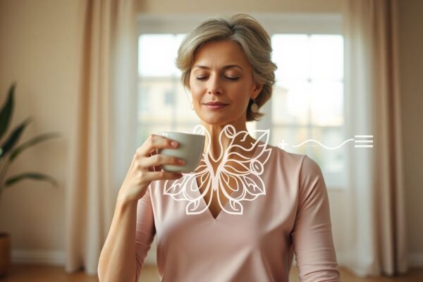 Midlife woman in natural light supporting thyroid health during menopause through calm lifestyle habits.