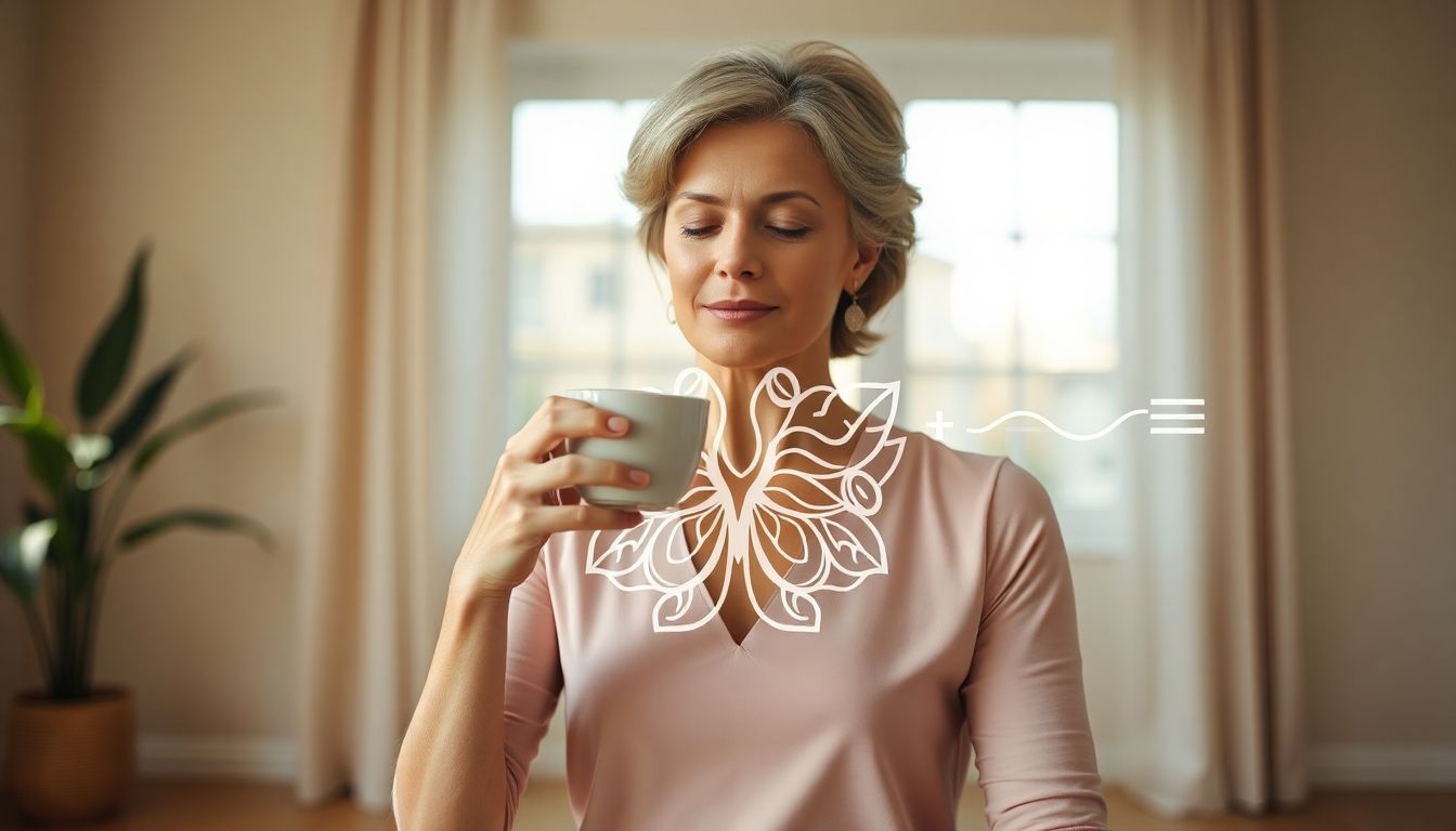 Midlife woman in natural light supporting thyroid health during menopause through calm lifestyle habits.