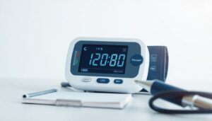 Close-up of a digital blood pressure monitor display showing readings with a hand recording results in a notebook.