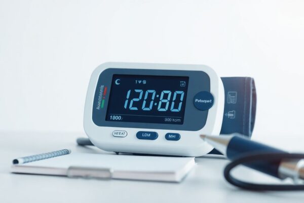 Close-up of a digital blood pressure monitor display showing readings with a hand recording results in a notebook.