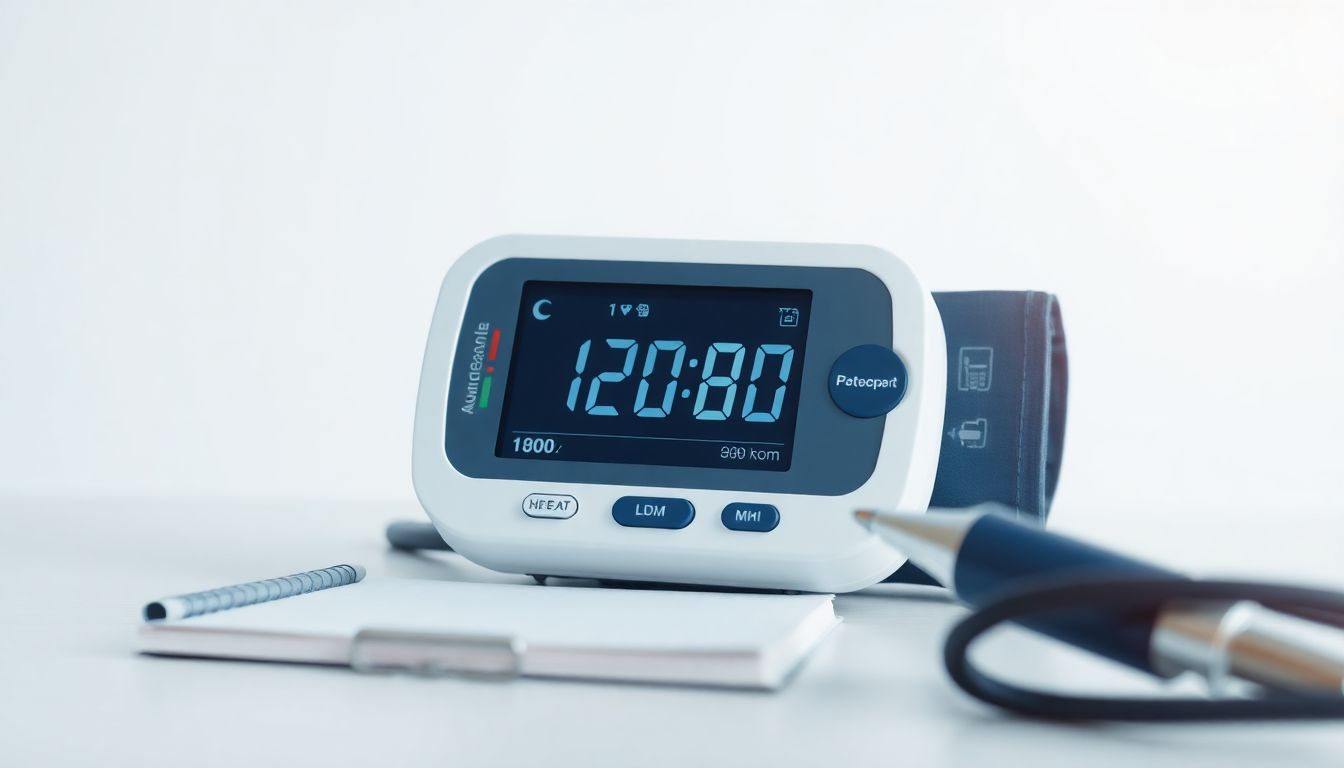 Close-up of a digital blood pressure monitor display showing readings with a hand recording results in a notebook.