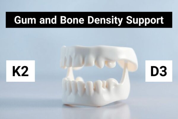 Infographic showing the role of Vitamin K2 and D3 in supporting gum and bone density.”