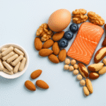 Healthy foods and supplements forming a brain shape representing vitamins and minerals for brain health.