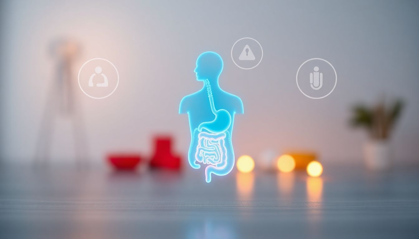 Illustration showing warning signs around an inflamed gut.