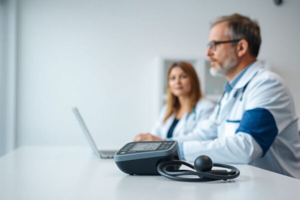 Doctor discussing blood pressure results with a patient in a bright medical office.