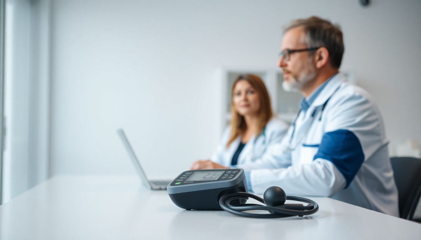 Doctor discussing blood pressure results with a patient in a bright medical office.
